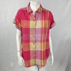 Beach Lunch Lounge Linen Blend Plaid Button Down Shirt Top Size Medium